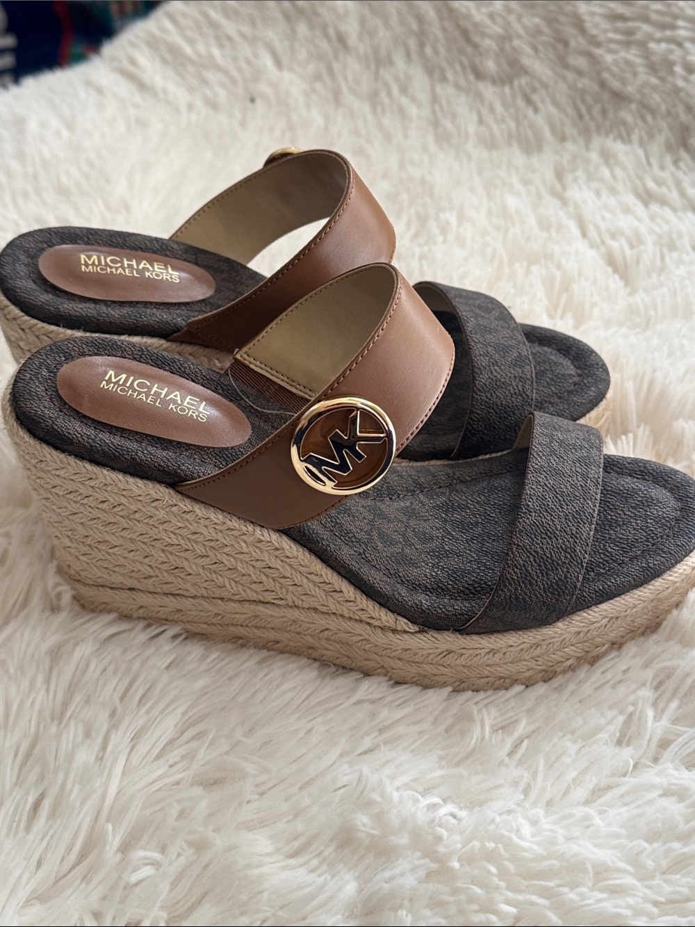 Michael Kors Brown and Tan MK Logo Espadrille Wedge Sandals - Picture 2 of 3